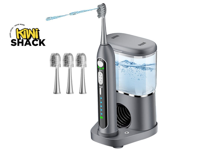 Gray water flosser with four replacement nozzles on a white background, featuring the Kiwi Shack brand.
