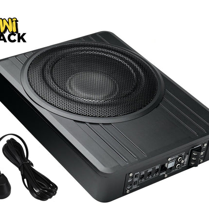 Black subwoofer with cable on a white background, featuring Kiwi Shack logo.