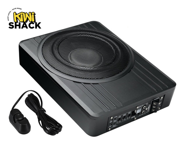 Black subwoofer with cable on a white background, featuring Kiwi Shack logo.