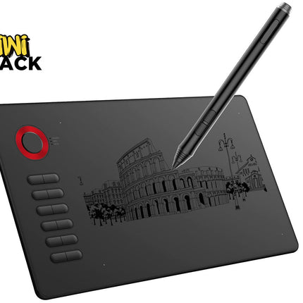 Graphic tablet with stylus and Kiwi Shack logo on a white background
