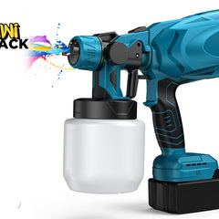 A cordless mini paint sprayer gun in teal blue and black, shown with a clear paint canister and a black battery pack on a white background. The 'KINI SHACK' logo is visible in the top-left corner.