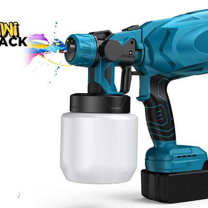 A cordless mini paint sprayer gun in teal blue and black, shown with a clear paint canister and a black battery pack on a white background. The 'KINI SHACK' logo is visible in the top-left corner.