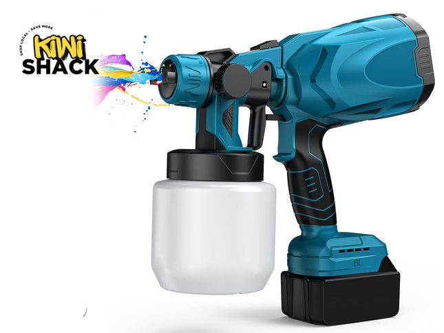 A cordless mini paint sprayer gun in teal blue and black, shown with a clear paint canister and a black battery pack on a white background. The 'KINI SHACK' logo is visible in the top-left corner.
