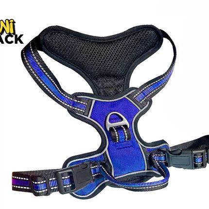A blue and black dog harness with reflective trim, shown on a white background with the KINI SHACK logo in the top-left corner.