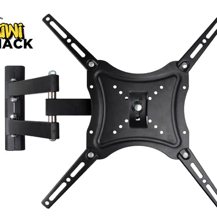 A black full-motion TV wall mount bracket with dual articulating arms and an adjustable mounting plate, featuring the "Kiwi Shack" logo in the top-left corner.