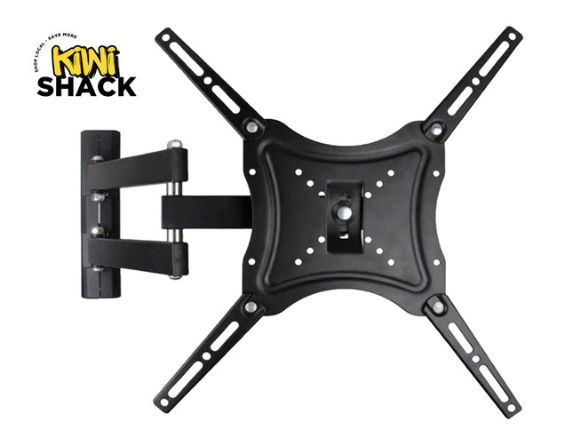 A black full-motion TV wall mount bracket with dual articulating arms and an adjustable mounting plate, featuring the "Kiwi Shack" logo in the top-left corner.
