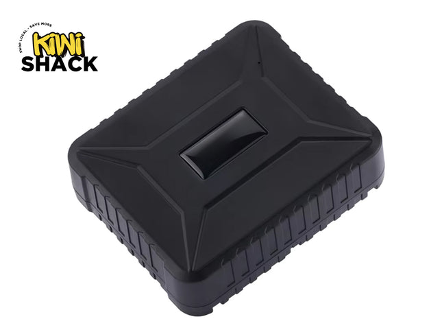 A rugged black magnetic GPS tracker case with a textured enclosure, featuring the "Kiwi Shack" logo in the top-left corner.