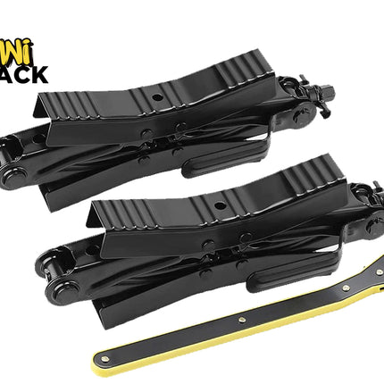 Two black hydraulic floor jacks and a yellow-and-black wrench from KiNi Shack, displayed on a clean white background with the brand logo in the top-left corner.