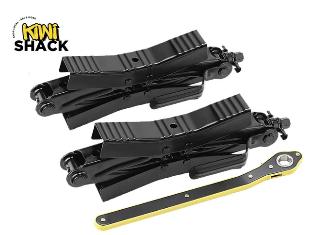 Two black hydraulic floor jacks and a yellow-and-black wrench from KiNi Shack, displayed on a clean white background with the brand logo in the top-left corner.