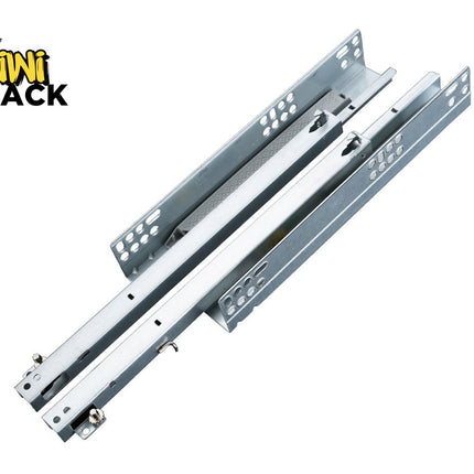 Two silver metal drawer slides shown on a plain white background, with the Kiwi Shack logo in the top-left corner.