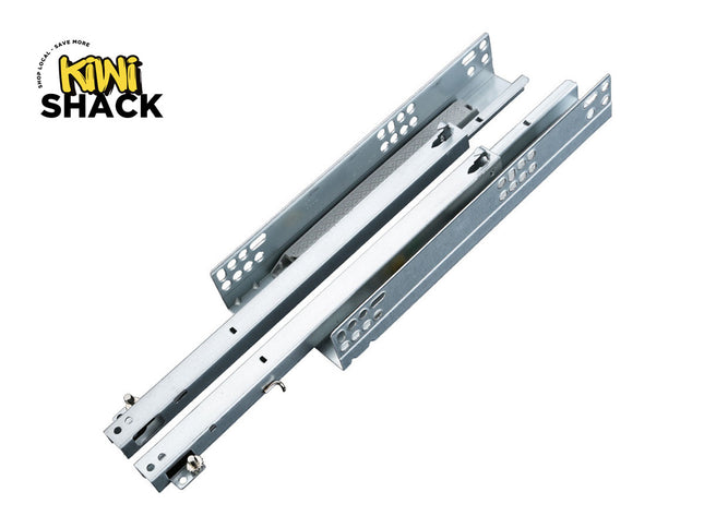 Two silver metal drawer slides shown on a plain white background, with the Kiwi Shack logo in the top-left corner.