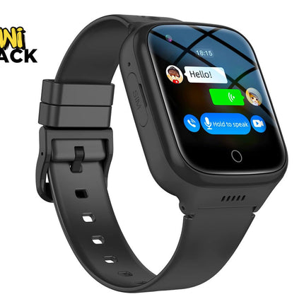 Black smartwatch with a display showing app icons on a white background, branded 'Kiwi Shack'.