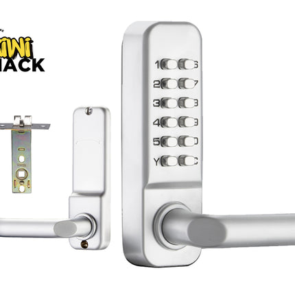 Digital door lock with keypad and lever handle on a white background, featuring the Kiwi Shack brand.