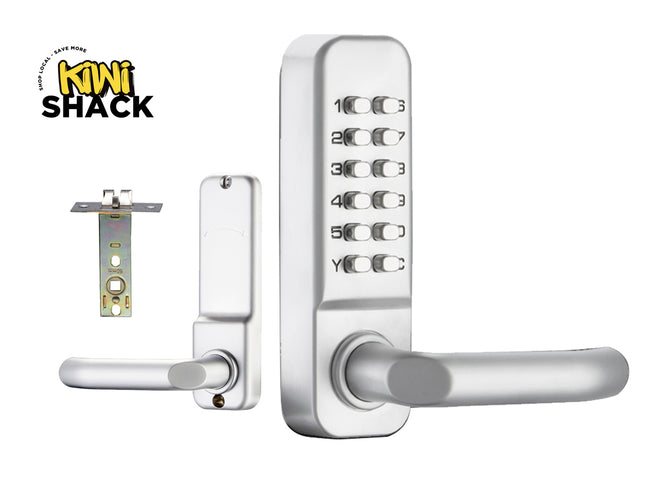 Digital door lock with keypad and lever handle on a white background, featuring the Kiwi Shack brand.