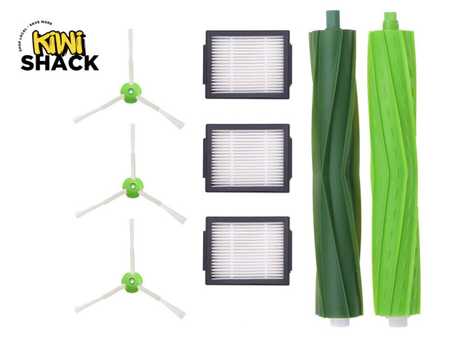 Set of cleaning brushes and filters with Kiwi Shack logo on a white background