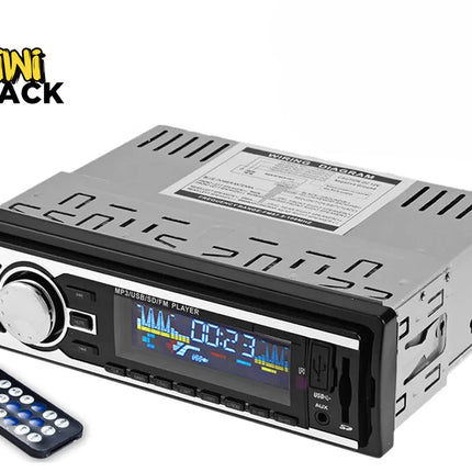 A single-DIN digital media car stereo with an MP3 player, color LCD screen, USB and SD card ports, and a remote control, featuring the "Kiwi Shack" logo in the top-left corner.