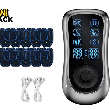 Kiwi Shack dual-channel TENS unit and EMS muscle stimulator therapy device with digital display, electrode pads, and lead wires.