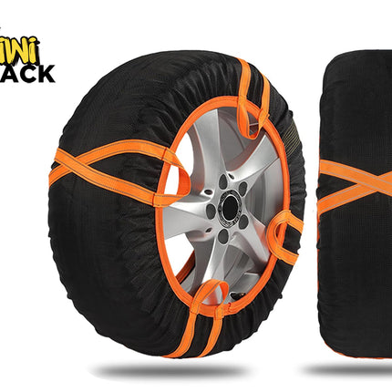 A black tire cover with bright orange straps shown fitted around a silver car wheel, alongside a second view of the cover rolled up and sealed. The Kiwi Shack logo is visible in the top-left corner on a plain white background.