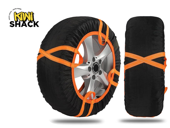 A black tire cover with bright orange straps shown fitted around a silver car wheel, alongside a second view of the cover rolled up and sealed. The Kiwi Shack logo is visible in the top-left corner on a plain white background.