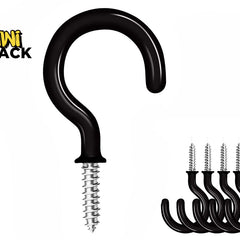 Large black screw-in ceiling/cup hook shown alongside five smaller matching hooks in the bottom right, with threaded silver screw shafts and the Kiwi Shack logo in top left.