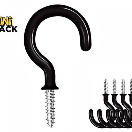 Large black screw-in ceiling/cup hook shown alongside five smaller matching hooks in the bottom right, with threaded silver screw shafts and the Kiwi Shack logo in top left.