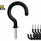Large black screw-in ceiling/cup hook shown alongside five smaller matching hooks in the bottom right, with threaded silver screw shafts and the Kiwi Shack logo in top left.