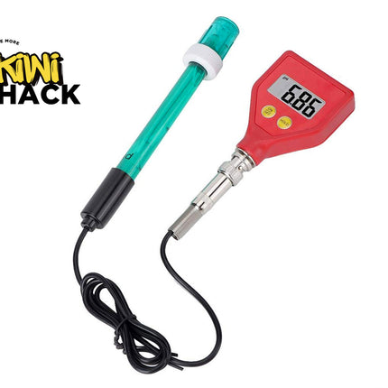 A digital pH meter probe with a red handheld unit, a green-tinted electrode, and a black cable, shown on a white background with the Kini Shack logo in the top-left corner.