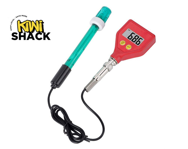 A digital pH meter probe with a red handheld unit, a green-tinted electrode, and a black cable, shown on a white background with the Kini Shack logo in the top-left corner.