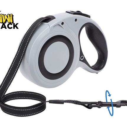 Retractable dog leash with Kiwi Shack logo on a white background
