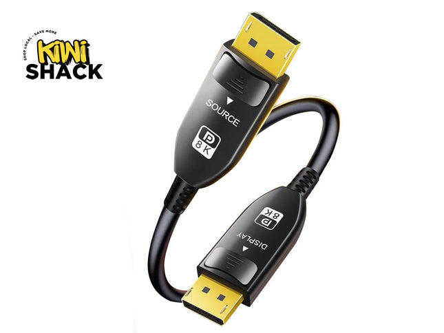 DisplayPort cable with connectors on a white background, branded with Kiwi Shack.