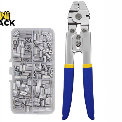 Kiwi Shack swaging tool and aluminum crimping loop sleeve assortment kit for wire rope and cable.