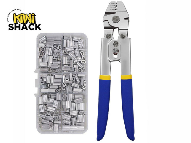 Kiwi Shack swaging tool and aluminum crimping loop sleeve assortment kit for wire rope and cable.