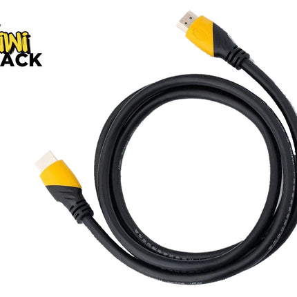 Black USB cable with yellow connectors on a white background, featuring the Kiwi Shack logo.