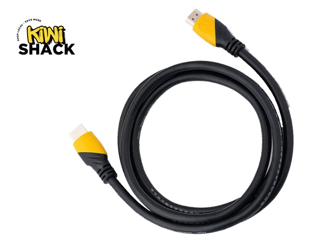 Black USB cable with yellow connectors on a white background, featuring the Kiwi Shack logo.