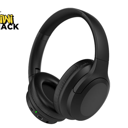 A pair of matte black over-ear wireless headphones featuring plush cushioned ear pads, physical control buttons, a charging port, and an active status indicator light, set against a white background. A "Kiwi Shack" logo appears in the top-left corner.