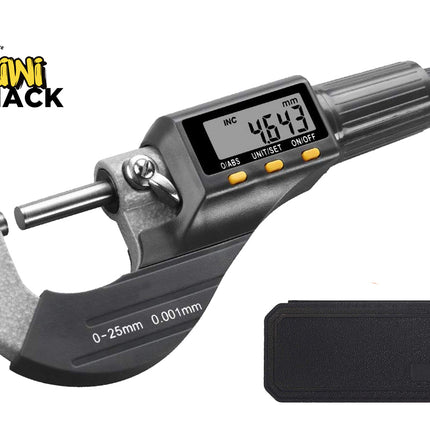 Digital micrometer caliper with a black and gray body, silver measuring jaw, and a small LCD display, shown alongside a black carrying case on a white background. Kiwi Shack logo is visible in the top-left corner.