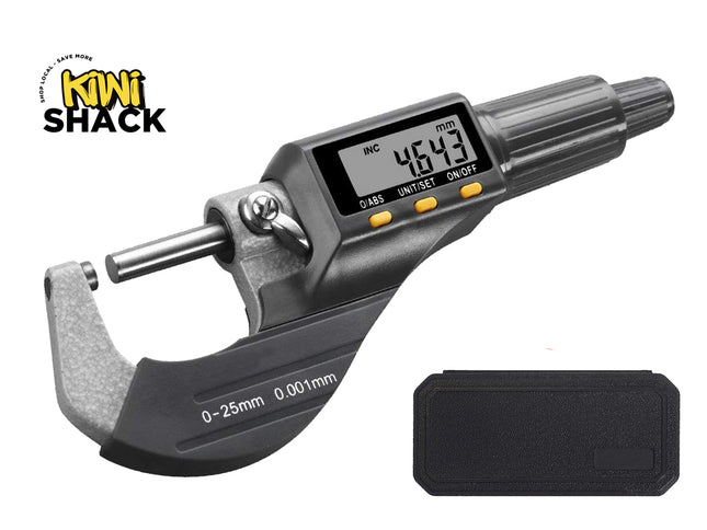 Digital micrometer caliper with a black and gray body, silver measuring jaw, and a small LCD display, shown alongside a black carrying case on a white background. Kiwi Shack logo is visible in the top-left corner.