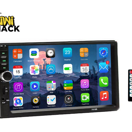 A Kiwi Shack car stereo head unit with a touchscreen display and a separate remote control, shown on a white background with the Kiwi Shack logo in the top-left corner.