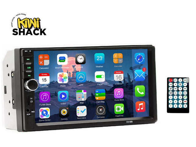 A Kiwi Shack car stereo head unit with a touchscreen display and a separate remote control, shown on a white background with the Kiwi Shack logo in the top-left corner.