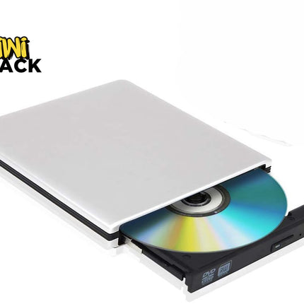 A silver and black external DVD-R writer with the disc partially ejected, shown on a white background with the Kiwi Shack logo in the top-left corner.
