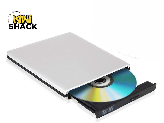 A silver and black external DVD-R writer with the disc partially ejected, shown on a white background with the Kiwi Shack logo in the top-left corner.
