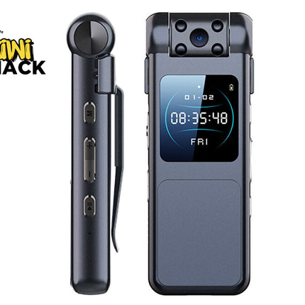 Black digital voice recorder with display on a white background, branded 'Kiwi Shack'.