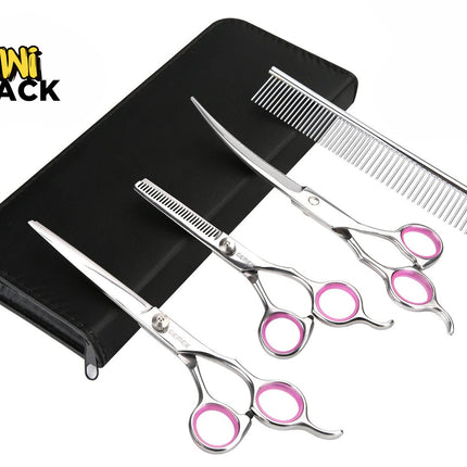 A set of stainless steel pet grooming scissors, thinning shears, and a metal comb with pink finger rings, arranged next to a black zipper case, featuring the "Kiwi Shack" logo in the top-left corner.