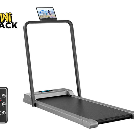 Treadmill with a remote control on a white background, featuring the Kiwi Shack brand.