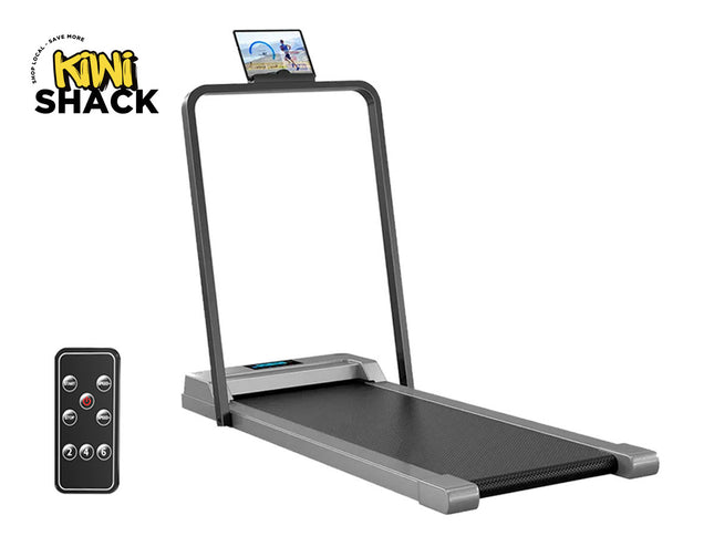 Treadmill with a remote control on a white background, featuring the Kiwi Shack brand.
