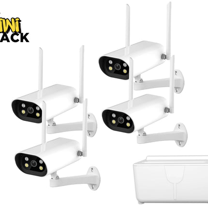 Set of security cameras with antennas on a white background, featuring the Kiwi Shack brand.