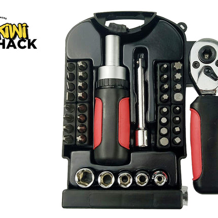 Tool kit with various tools including a ratchet wrench and screwdrivers, branded as Kini Shack.