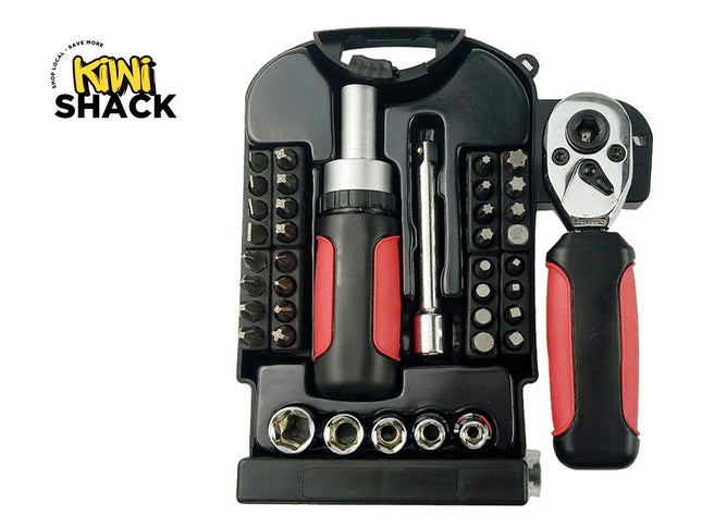 Tool kit with various tools including a ratchet wrench and screwdrivers, branded as Kini Shack.