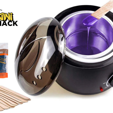 Black waxMelter with purple wax, wooden sticks, and Kiwi Shack packaging on a white background