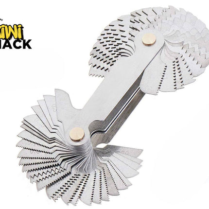 A dual-ended stainless steel screw pitch and thread gauge set with multiple folding serrated blades, featuring a "Kiwi Shack" logo in the top left corner.